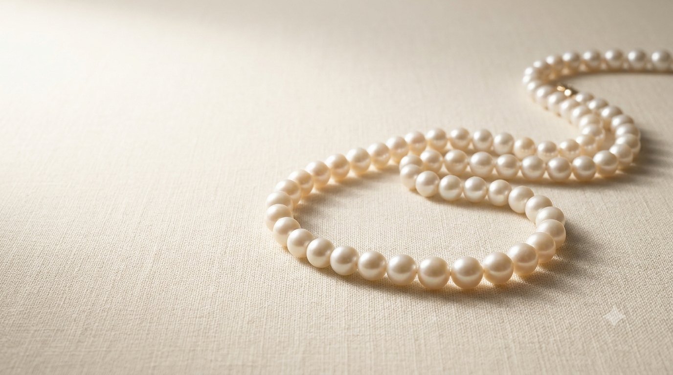 Elegant pearl strand arranged naturally across a warm ivory surface