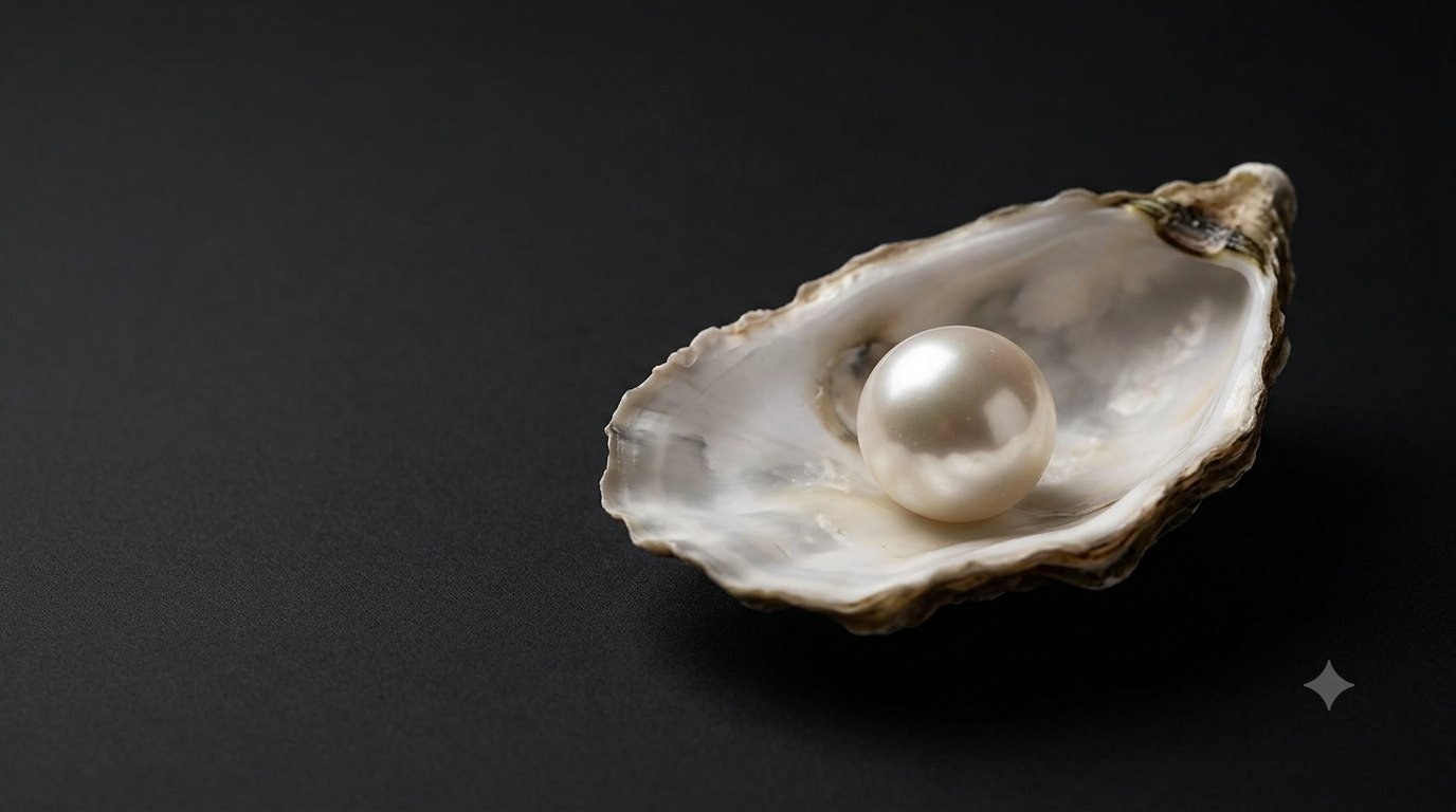 A single large pearl resting inside a natural oyster shell on a dark surface
