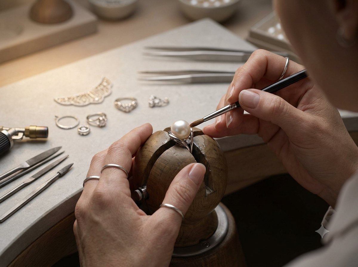 Skilled craftsperson working on pearl jewellery