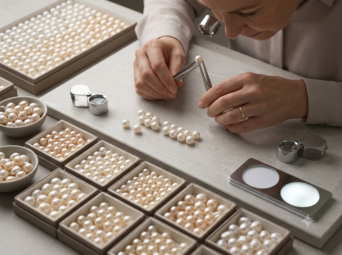 Professional pearl grading and processing scene