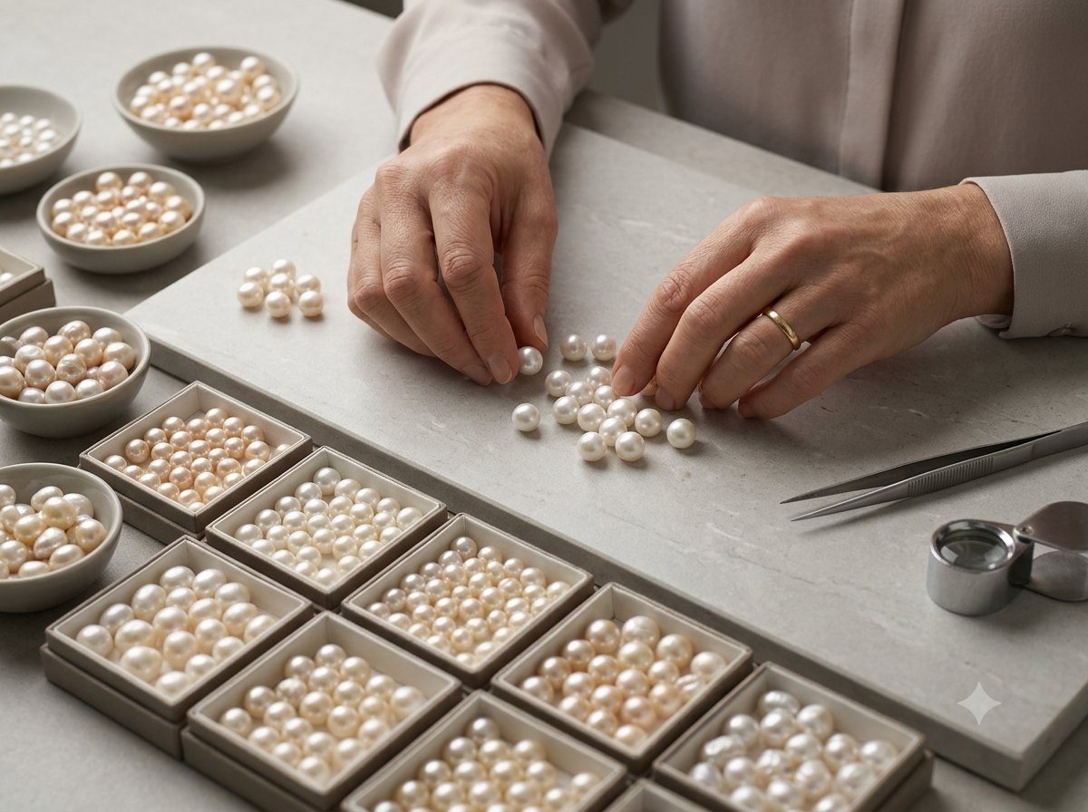 Professional close-up of carefully selected loose pearls being examined and sorted