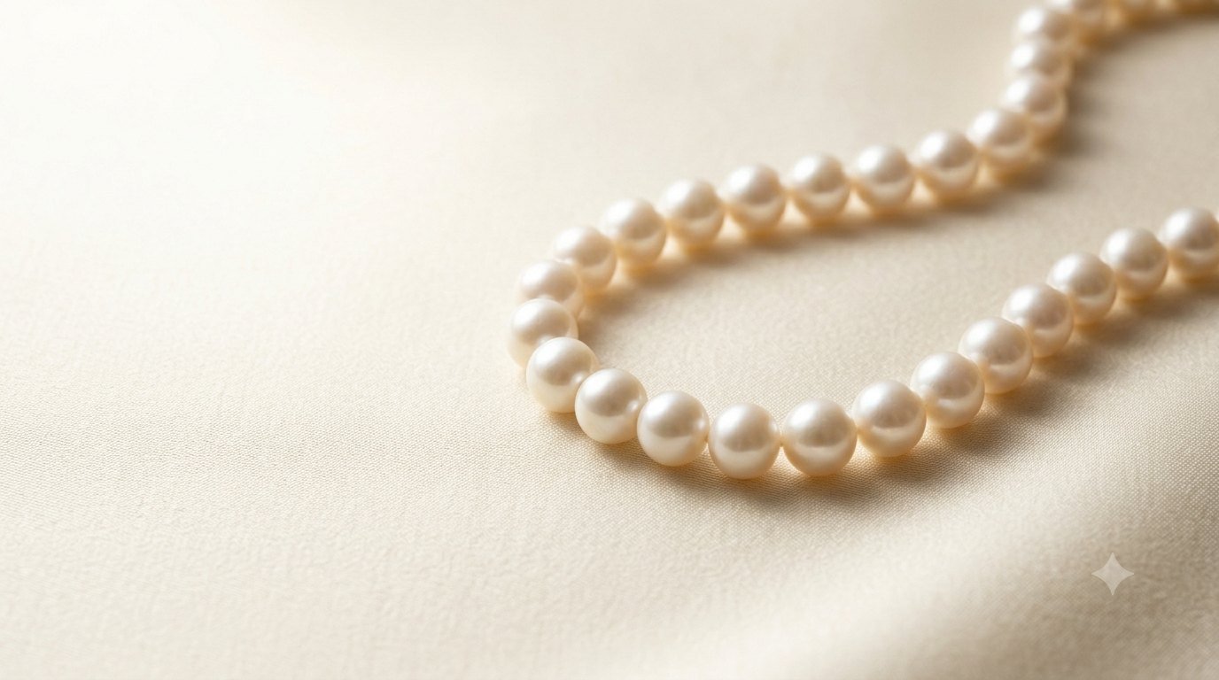Elegant pearl strand carefully arranged on a warm ivory surface