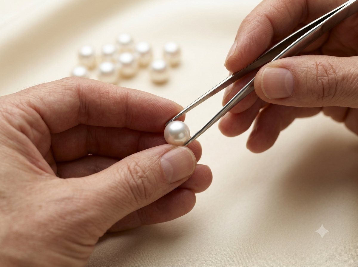 Close-up of a person examining a pearl using professional tools