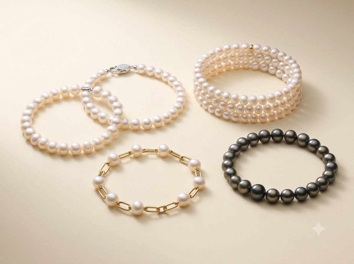 An editorial arrangement of single-row, multi-row and mixed-material pearl bracelets and bangles