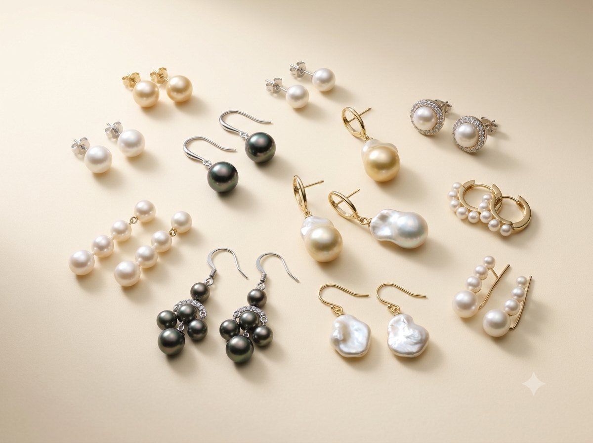 An editorial arrangement of pearl earring silhouettes including studs, drops, huggies and chandelier designs