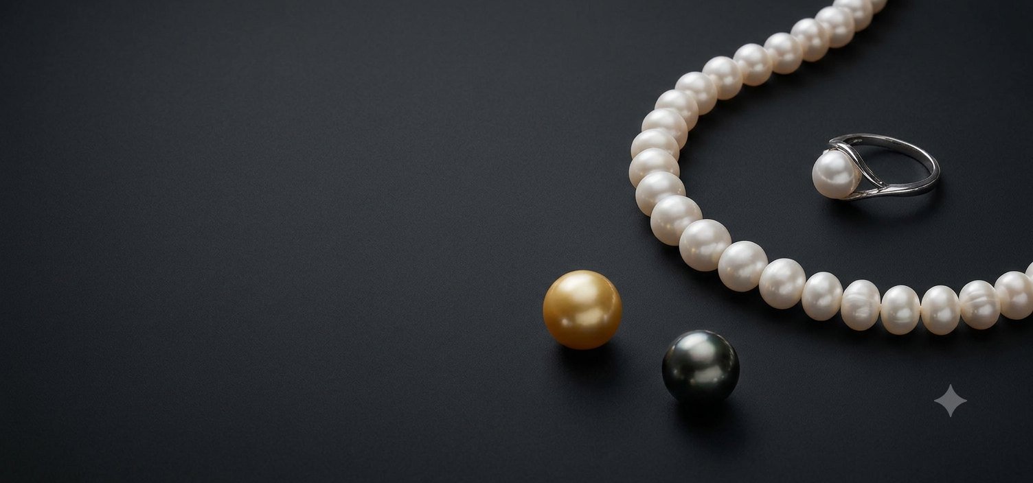 A premium close-up of pearl jewellery and loose pearls together in a dark, sophisticated setting