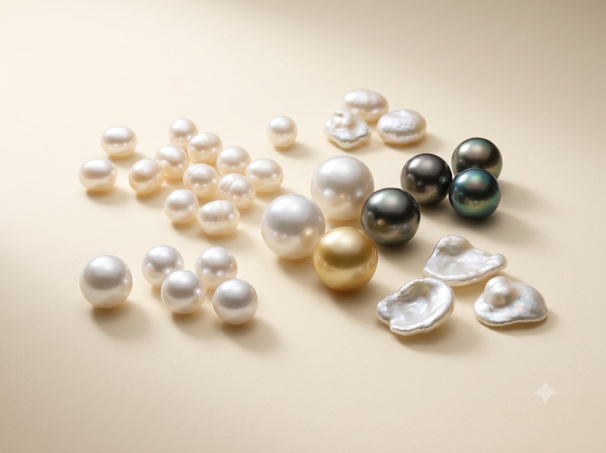 A sophisticated arrangement of loose pearl varieties in different sizes, colours and shapes