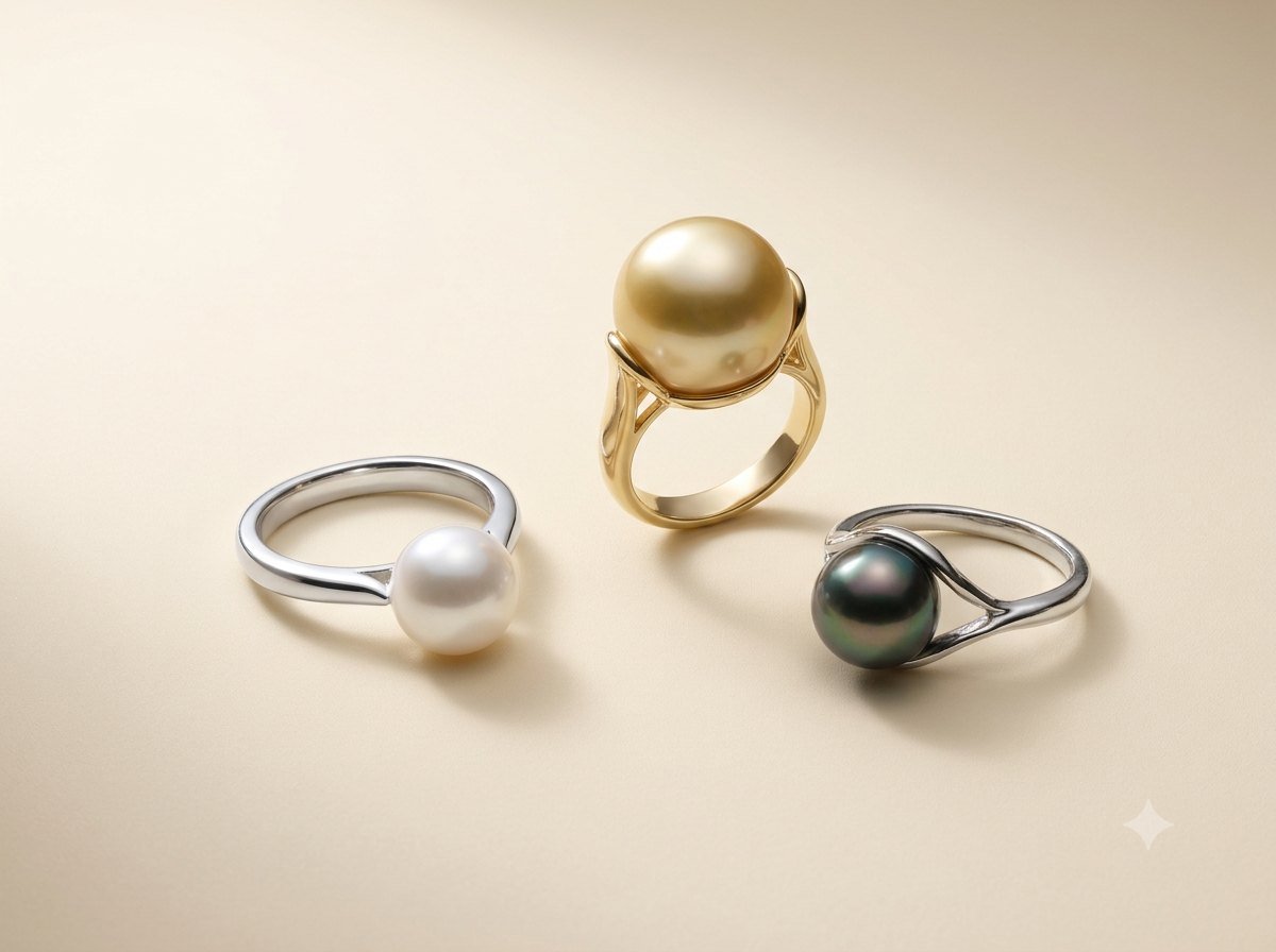 Three refined pearl rings: classic freshwater solitaire, South Sea statement ring and Tahitian contemporary ring