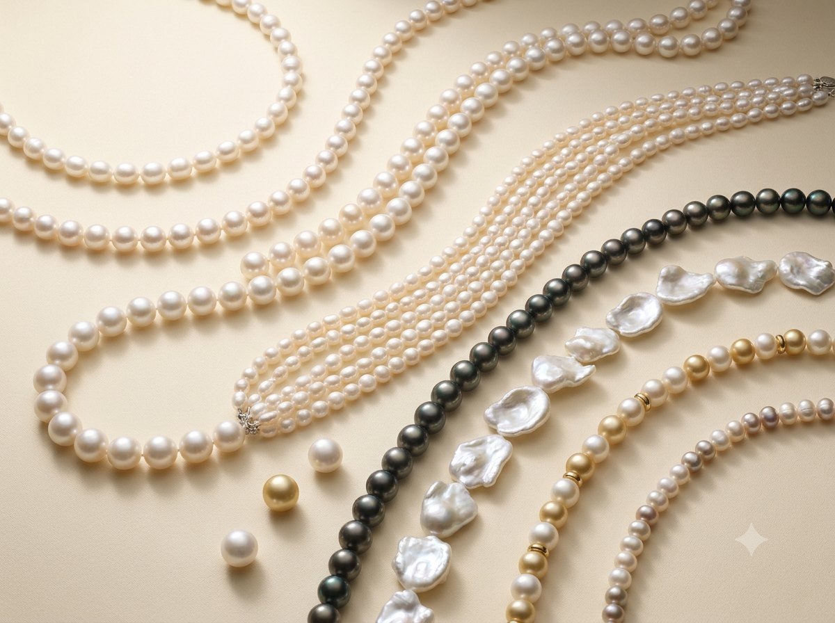 An editorial arrangement of classic, opera-length, multi-strand and Tahitian pearl strands