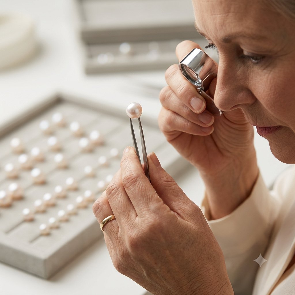 Expert examining and grading pearls with professional tools