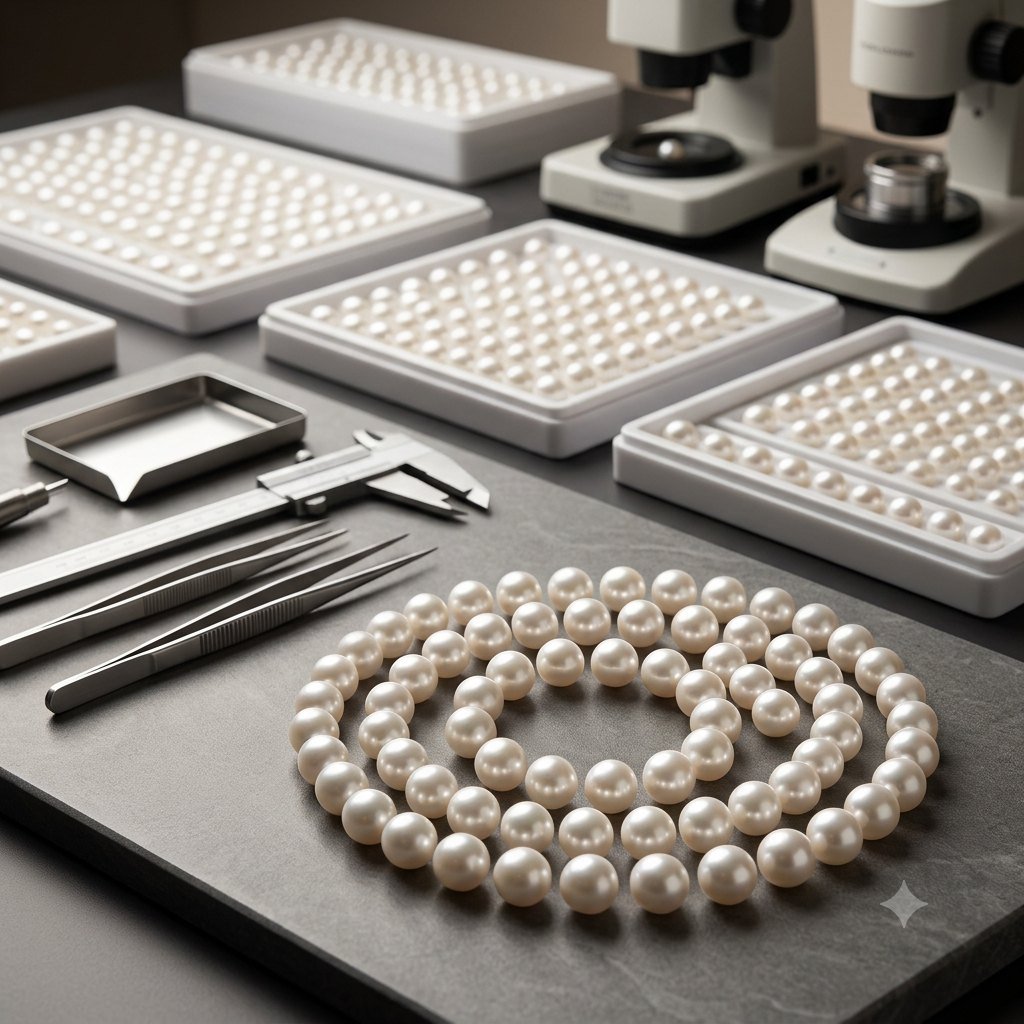 Carefully arranged pearls in a professional processing environment
